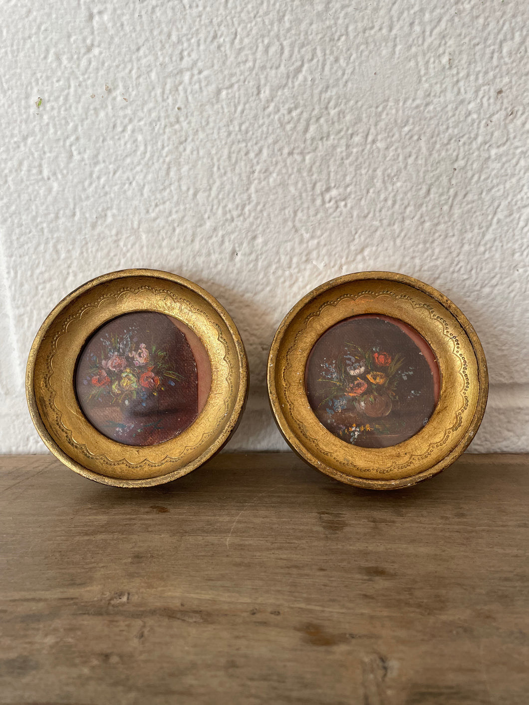 Vintage Mini Oval Gold Framed Flower Paintings Set